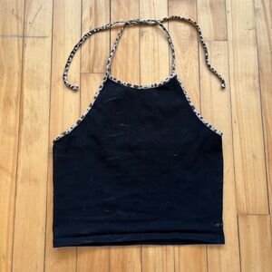 Brandy Melville Black Leopard Trim Halter Crop Top Tank Women